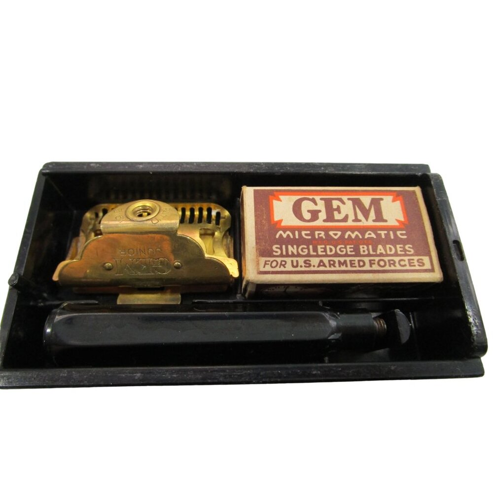 Military WW II Era Vintage Gem Safety Razor Set Gold Tone Bakelite Handle Case